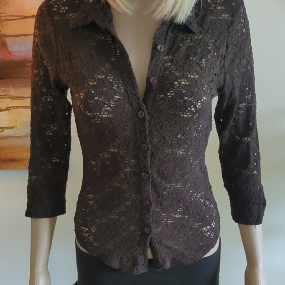 Moda International Dark Brown Lace Button-Down Shirt